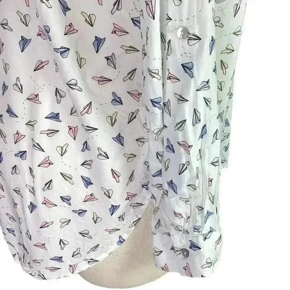 Jane and Delancey Top Women L White Multi Paper Airplane Button Up Blouse - Picture 5 of 9